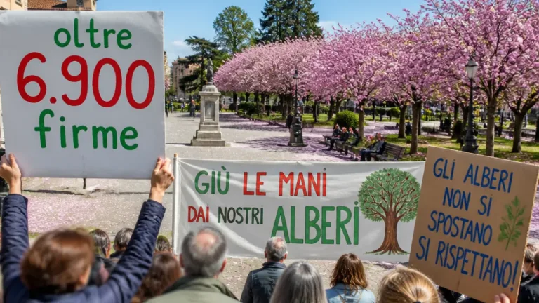 Biella, cittadini in piazza contro lo spostamento dei ciliegi ai Giardini Zumaglini