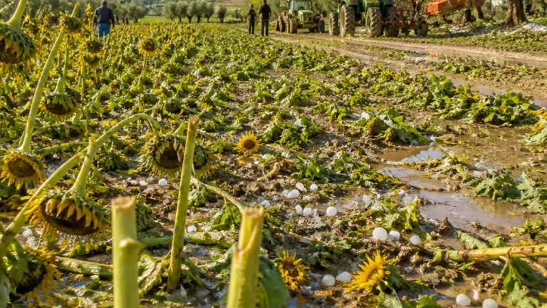 Grandinate e vento devastano campi nella provincia di Macerata: danni a girasoli, barbabietole e oliveti
