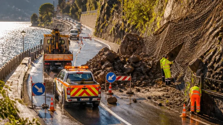 Maltempo a Como: frana sulla Regina a Colonno, strada chiusa e interventi dei vigili del fuoco