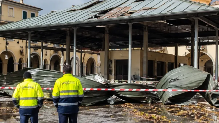 Maltempo di fine giugno, lamiere in strada dalla Piazza Coperta: Lucca chiamata alla prevenzione
