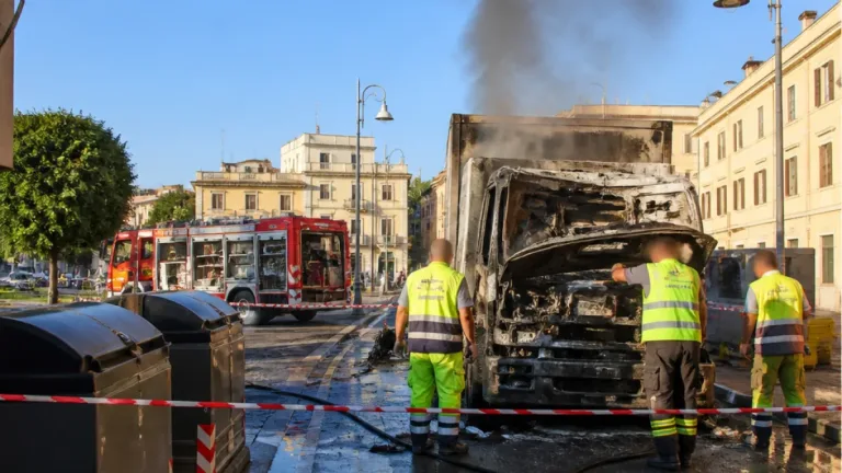 Mezzo per la raccolta rifiuti in fiamme nel centro di Cisterna: indagini su cause e sicurezza