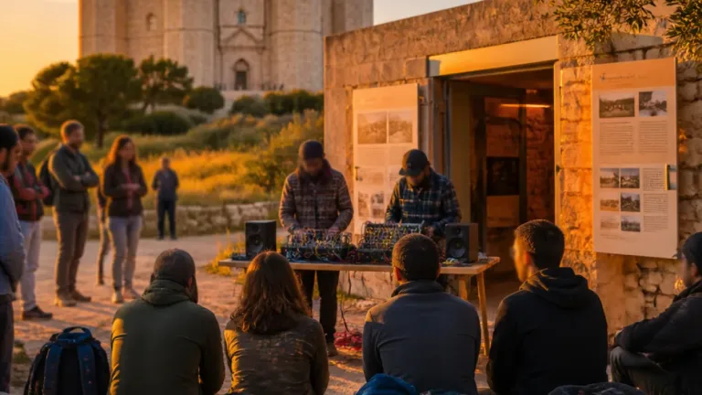 Silvio Annese in performance al tramonto nell'Infopoint di Castel del Monte