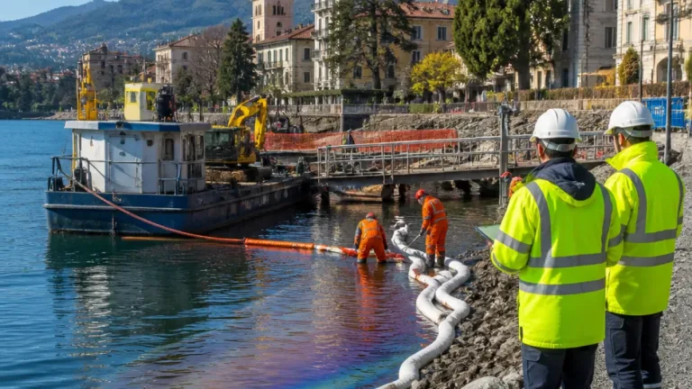 Sversamento sul Lario: intervento a Lecco per perdita di carburante dalla barca del cantiere