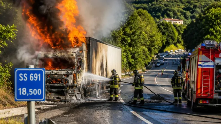 Tir in fiamme sulla Fondo Valle Sele: statale chiusa, traffico deviato a Calabritto