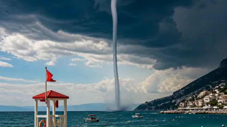 Tromba marina avvistata davanti a Maiori: spettatori sulla spiaggia e preoccupazione per la navigazione