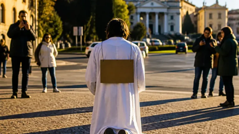 Udine, protesta in ginocchio di Emanuele Franz contro l’edonismo in piazza Primo Maggio